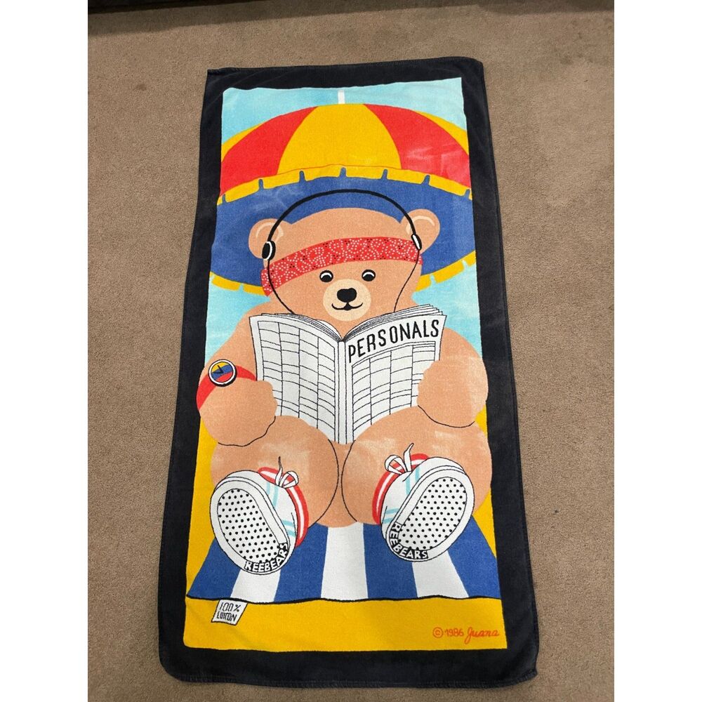 Vintage 80s Beach Towel Juana TerriMondo Teddy Bear Tennis Shoes 100%‎ Cotton
